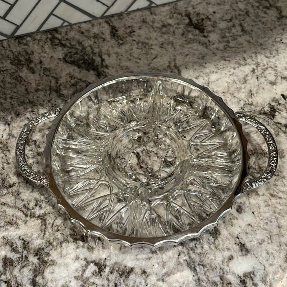 Vintage Queen Anne Divided Crystal and Silver 10”Dish